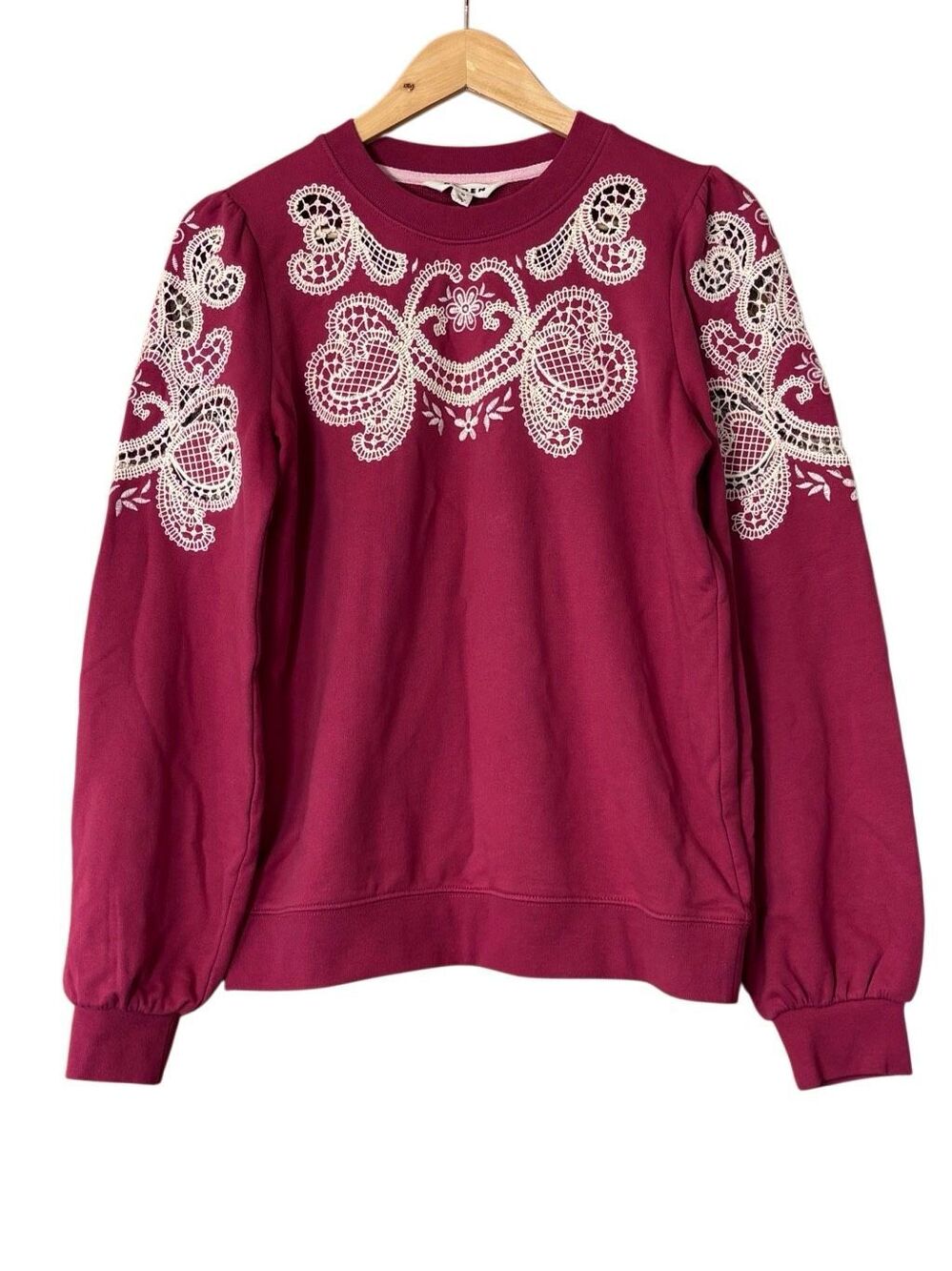Boden Puff Sleeve Cutwork Sweatshirt crew neck size XS muted raspberry terracott
